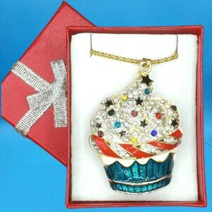 Cupcake Pendant Necklace • Rhinestone Candy Swirl Design • Gift Box Included